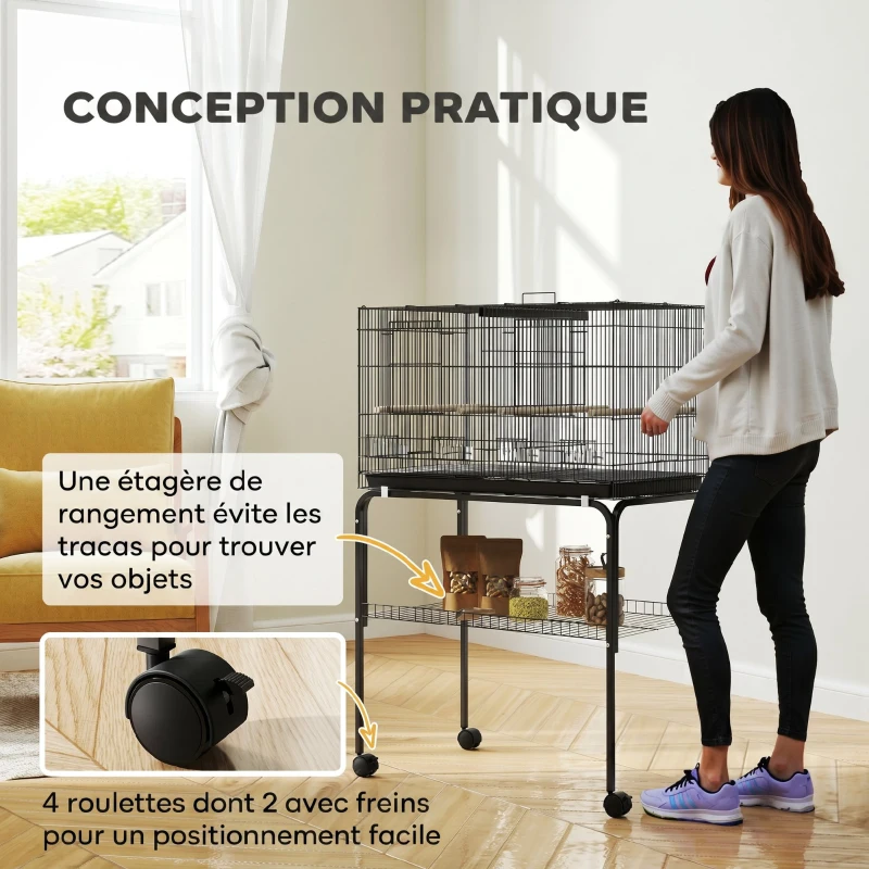 PawHut Cage à Oiseaux Volière Intérieur Acier avec Séparateur, 4 Perchoirs, Plateau Coulissant, 4 Mangeoires, 76x46x116cm, Noir