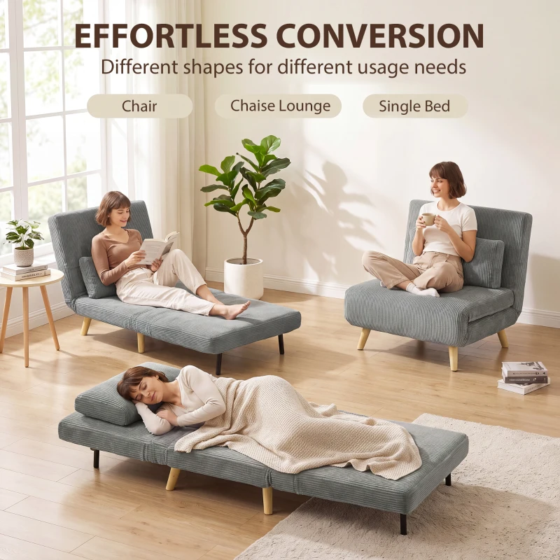 HOMCOM Slaapfauteuil 3-in-1, uitschuifbare fauteuil in cord met slaapfunctie verstelbare rugleuning, kussen donkergrijs