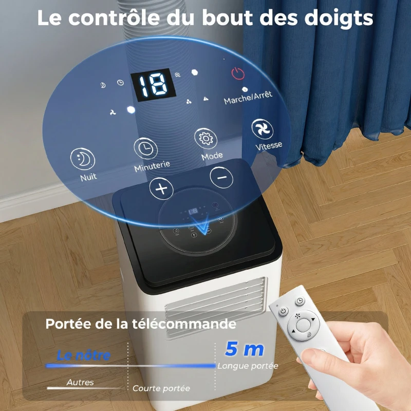 HOMCOM Climatiseur mobile 9000BTU 2,6kW 5 en 1 refroidissement, déshumidificateur, ventilateur, auto, mode nuit, 2 vitesses