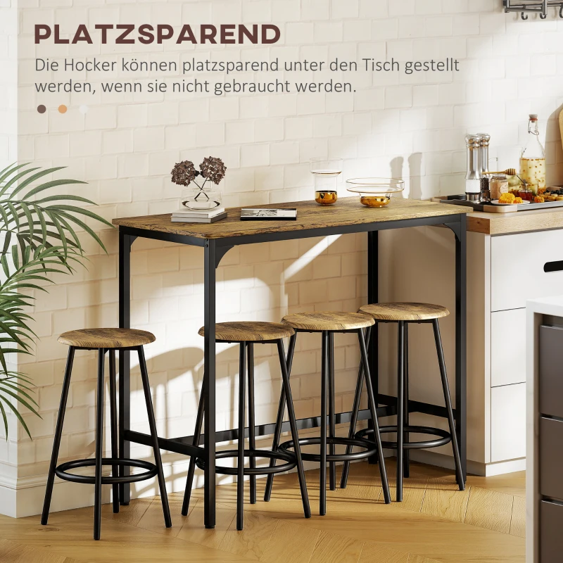 HOMCOM 5-delig. Bartafelset met industrieel design, 1 bartafel, 4 barkrukken, bankstel, aanrecht, zwart+bruin