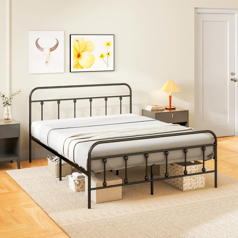HOMCOM Cadre de lit 140 x 200 cm 2 personnes en acier sommier à lattes tête de lit et pied de lit rangement sous le lit noir
