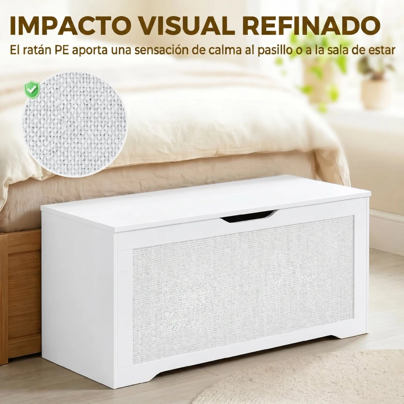 HOMCOM Baúl de Almacenaje 136L Banco de Almacenaje con Panel de Ratán Tapa Brazos de Soporte para Recibidor 100x40x45cm Blanco