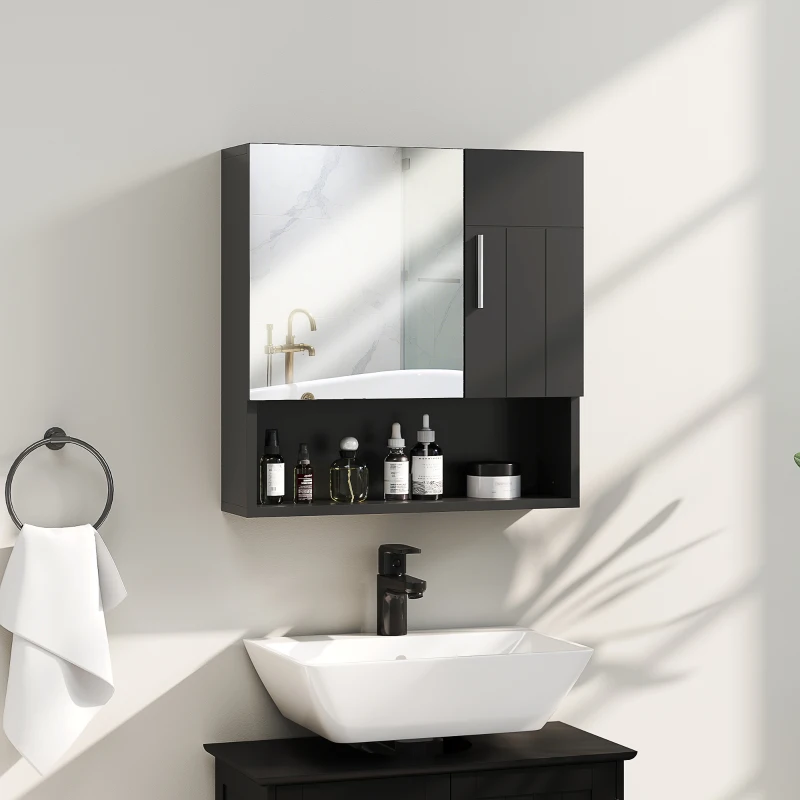 kleankin Dulap Oglindă de Baie din Lemn cu Rafturi Reglabile și Raft Deschis, 54x15.2x55.3 cm, Negru