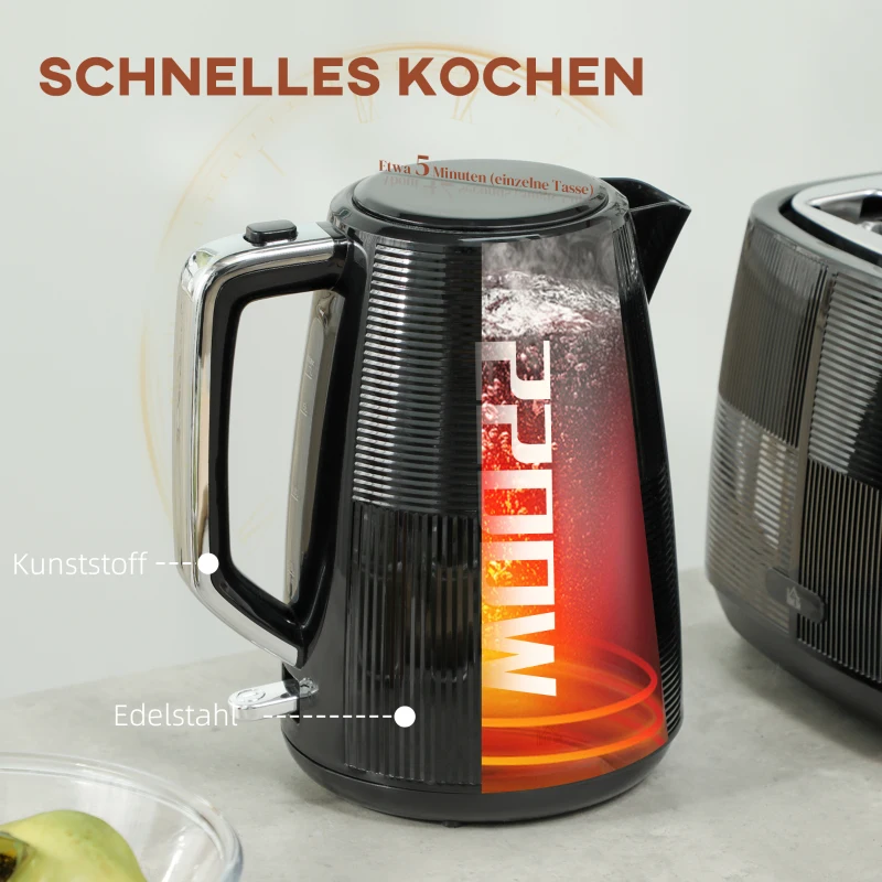 HOMCOM Waterkoker- en Toaster-Set, 1,7 L, verschillende functies, RVS, Zwart