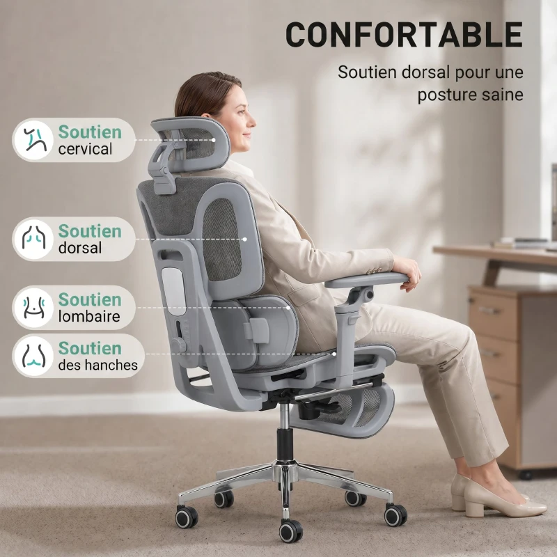 HOMCOM Chaise Bureau Ergonomique avec Accoudoirs 6D Appui-Tête et Profondeur d'Assise Réglables Maille Gris