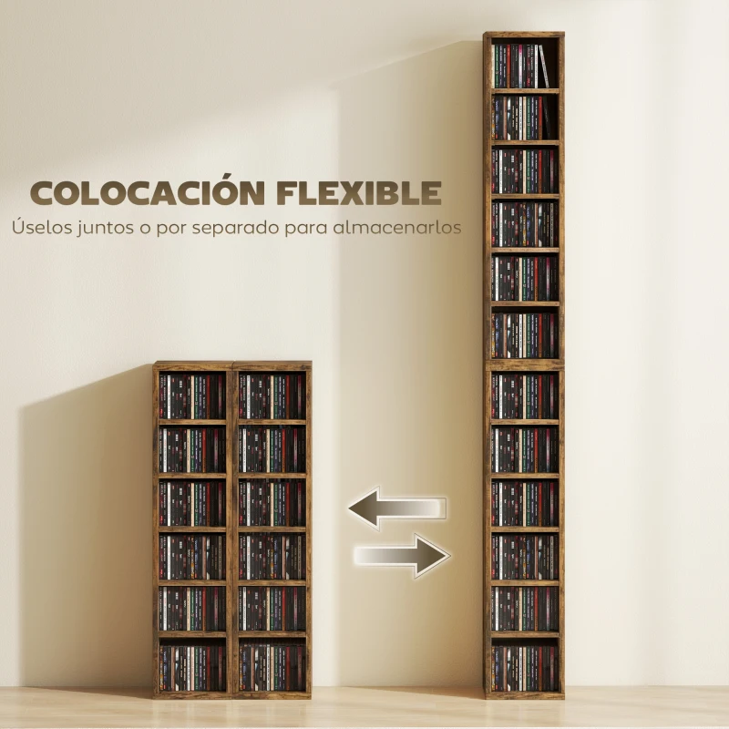 HOMCOM Set de 2 Estanterías para CDs y DVDs con 12 Compartimentos Estantes Ajustables 21x22,5x88,5 cm Marrón Rústico