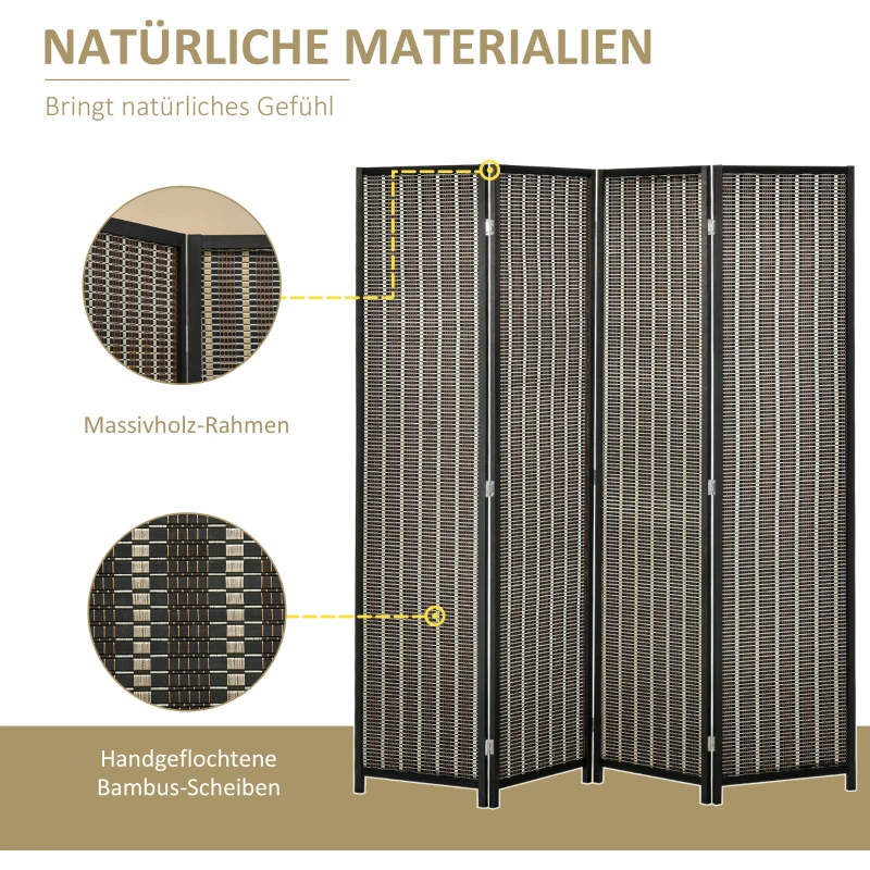 HOMCOM Ruimteverdeler, opvouwbaar, grenenhout/bamboe, 180 x 180 cm, Bruin/Zwart