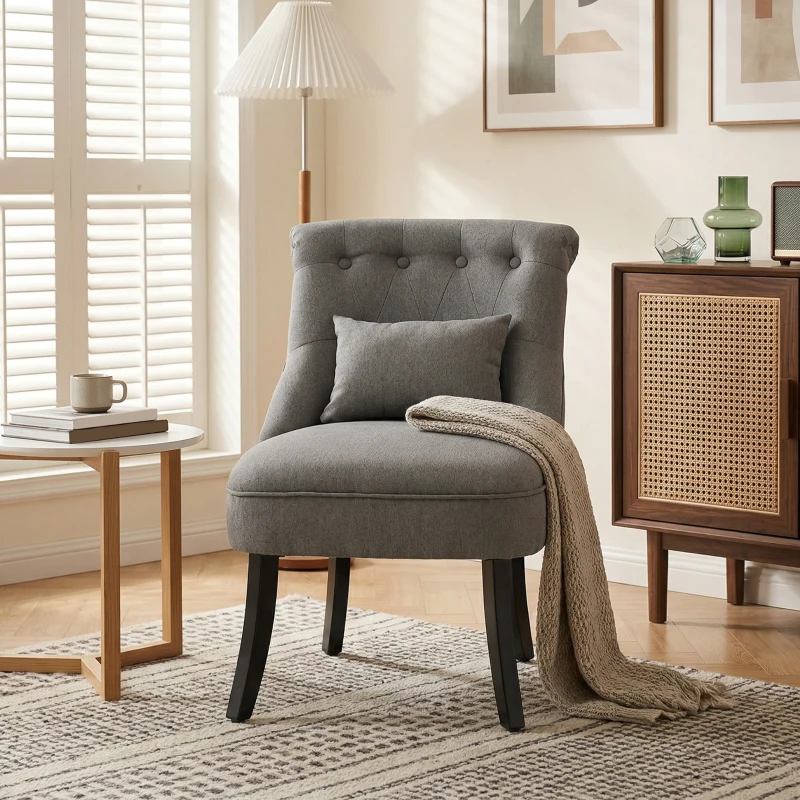 HOMCOM Fabric Single Sofa Dining Chair Tub Chair Upholstered W/ Pillow Solid Wood Leg Home Living Room Furniture Charcoal Grey