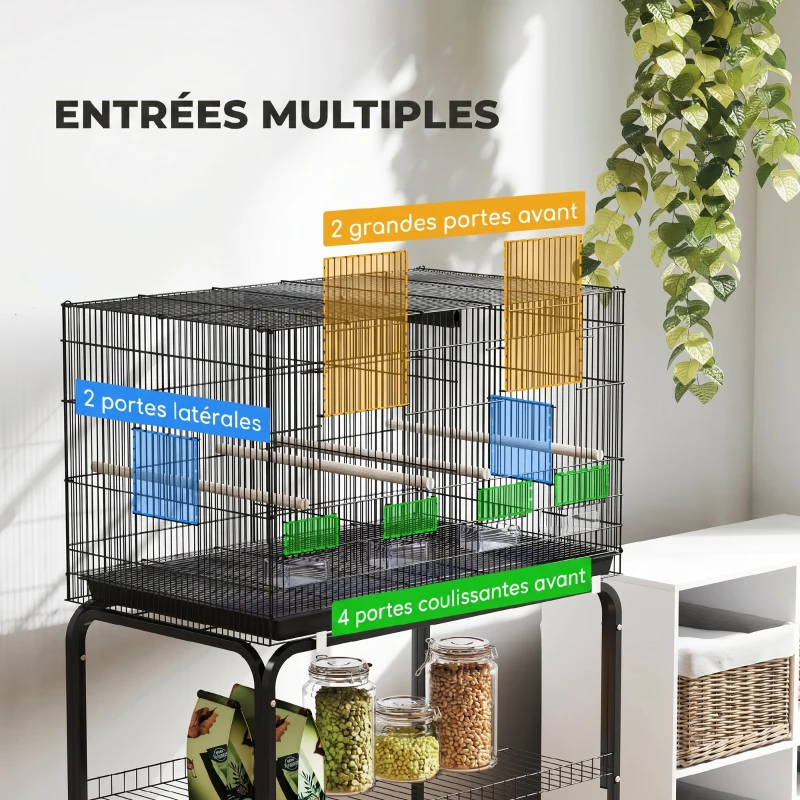 PawHut Cage à Oiseaux Volière Intérieur Acier avec Séparateur, 4 Perchoirs, Plateau Coulissant, 4 Mangeoires, 76x46x116cm, Noir