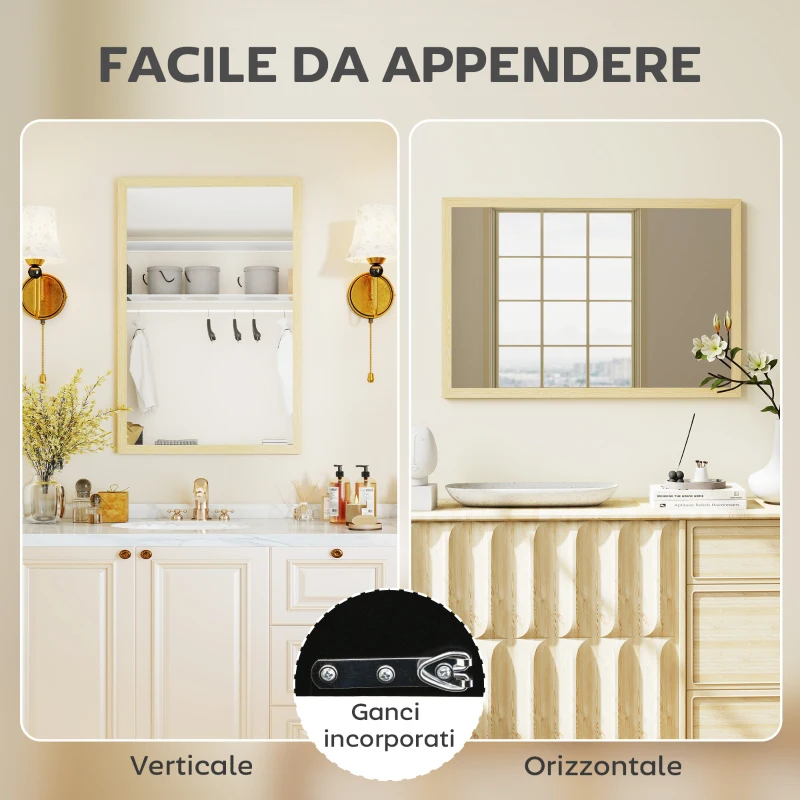 HOMCOM Specchio da Parete Rettangolare con Ganci, Specchio a Muro in Vetro e MDF, 40x60 cm, Color Legno