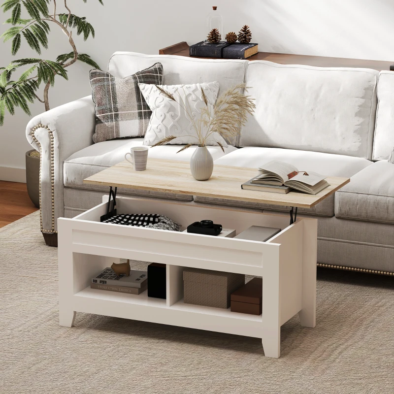 HOMCOM Mesa de Centro Elevable con Encimera Elevable y Espacio Oculto de Almacenaje 105x50x49 cm Blanco y Natural