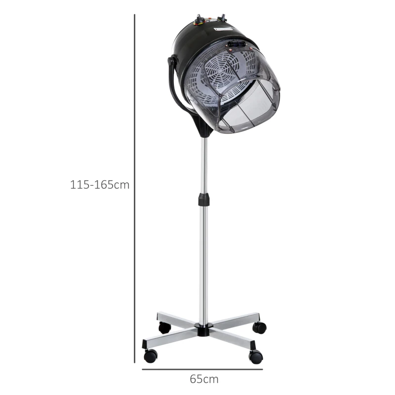 HOMCOM Casco Asciugacapelli 1180W ad Altezza Regolabile con Timer 60 Minuti e Ruote Girevoli, 65x65x115-165 cm, Nero