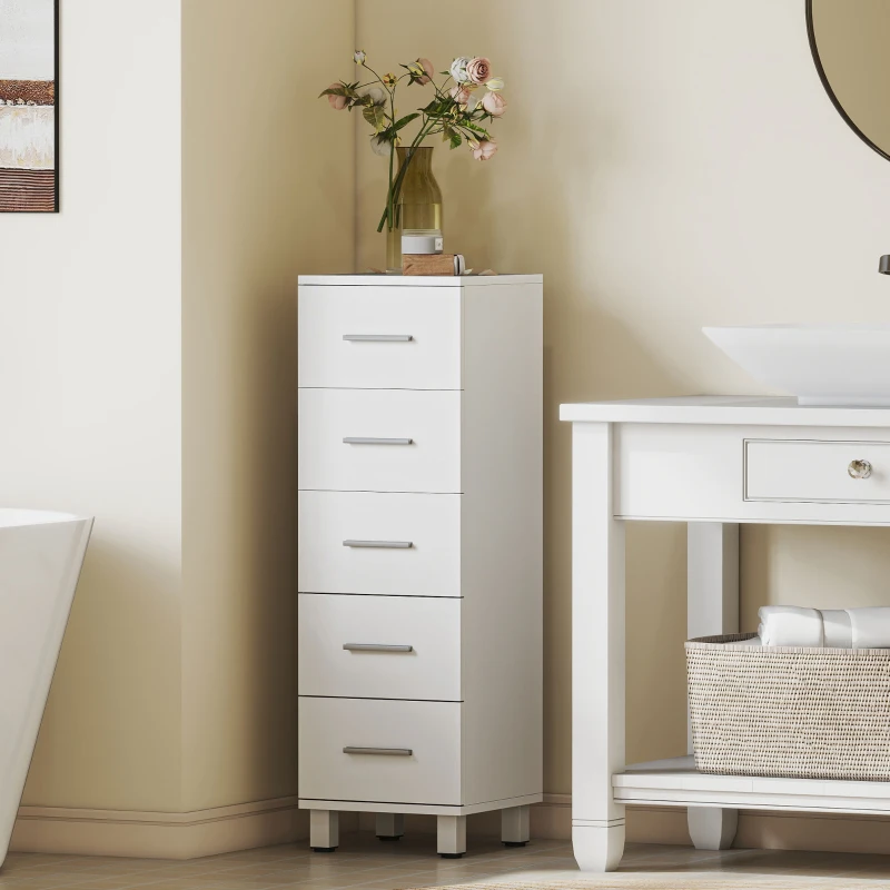 HOMCOM Meuble de Salle de Bain 5 Tiroirs, Meuble de Rangement, 30 x 30 x 95 cm, Commode Salle de Bain, 30 x 30 x 95 cm, Blanc