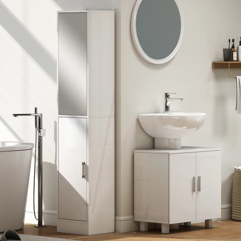 kleankin Tall Bathroom Cabinet with Mirror and Adjustable Shelf - High Gloss White