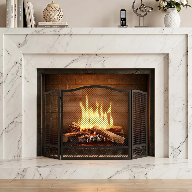 HOMCOM Pare Feu Cheminée Pliable 3 Panneaux, Pare-Étincelles Cheminée, Motif Floral, Métal, 107 x 60 cm, Noir
