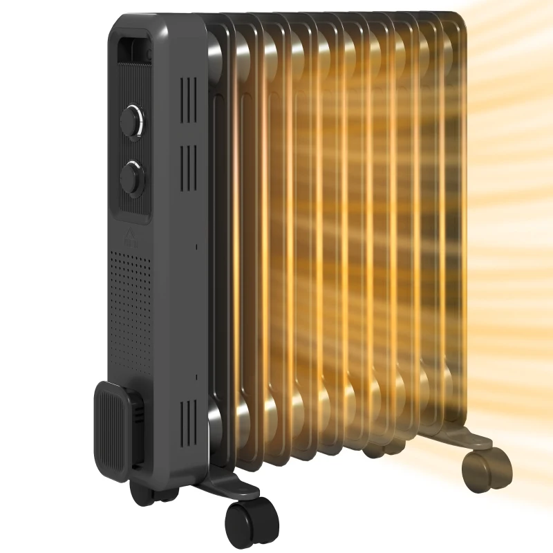 HOMCOM 2500W Oil Filled Radiator, 11 Fin, Portable Electric Heater with 3 Heat Settings, Safety Cut-Off and Wheels, Grey