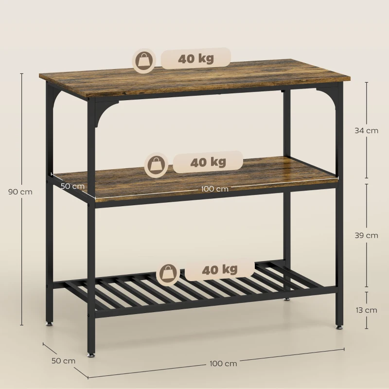 HOMCOM Bakkersrek, 3-niveau keukenrek met stalen frame, Rustiek-Bruin+Zwart