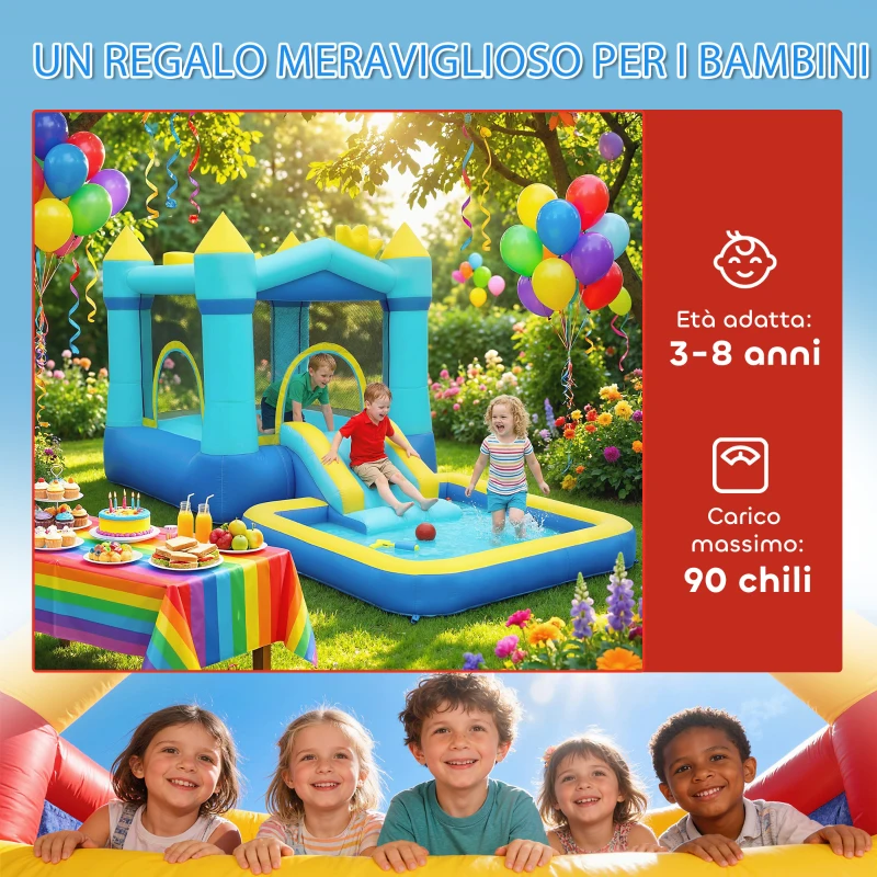 AIYAPLAY Castello Gonfiabile per Bambini con Scivolo, Trampolino, Piscina e Canestro, 364x173x182 cm Blu e Giallo