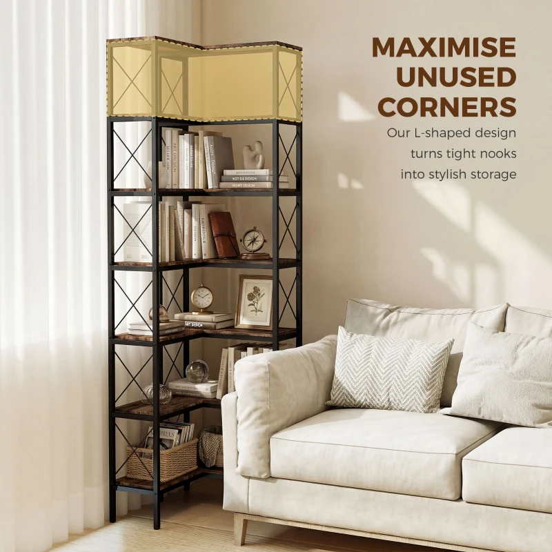 HOMCOM 6-Tier L-Shaped Bookshelf, Freestanding Corner Bookcase with Metal Frame, Rustic Brown