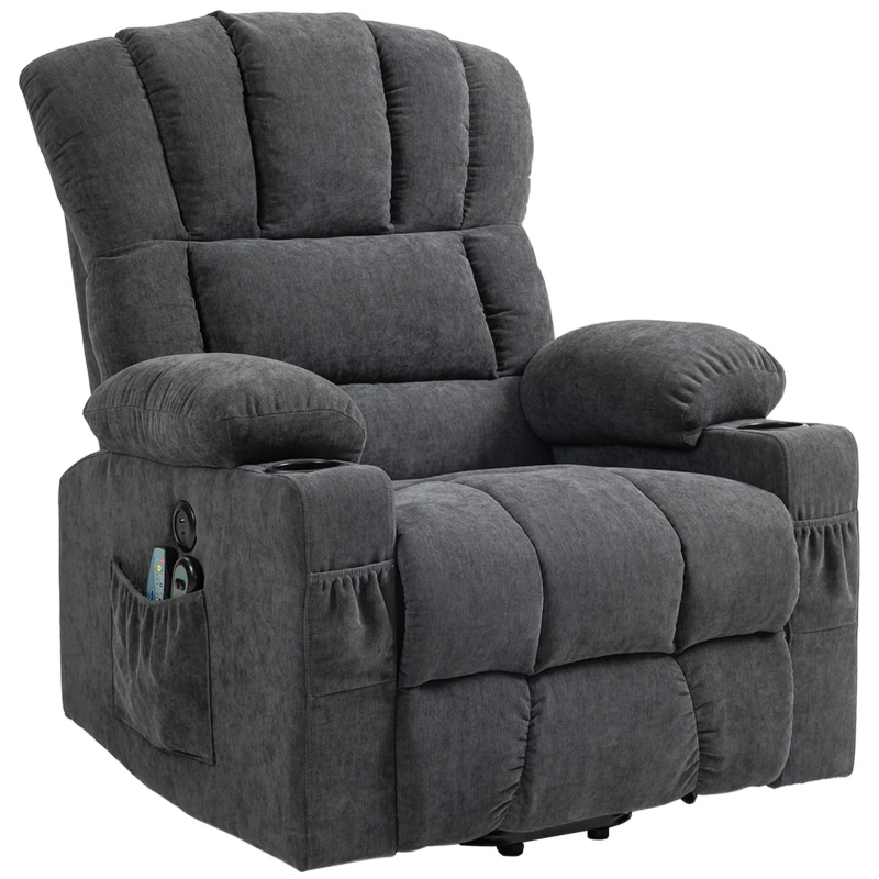 HOMCOM elektrische TV-relaxstoel met sta-op hulp, ligfunctie, verwarmings- en massagefunctie, met afstandsbediening, USB, bekerhouders en zijvak, donkergrijs(m-10)