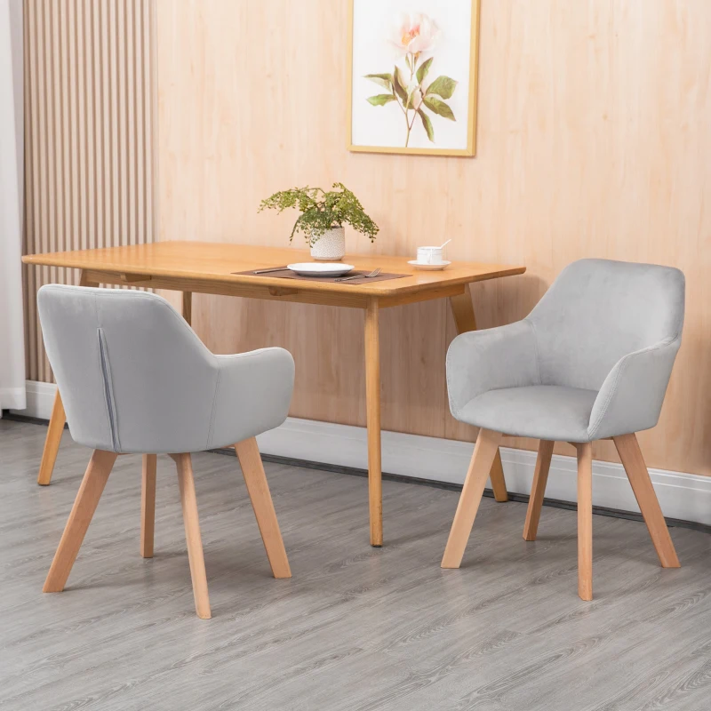 HOMCOM Set 2 Sedie per Sala da Pranzo Imbottite in Velluto con Braccioli e Gambe in Legno, Grigio