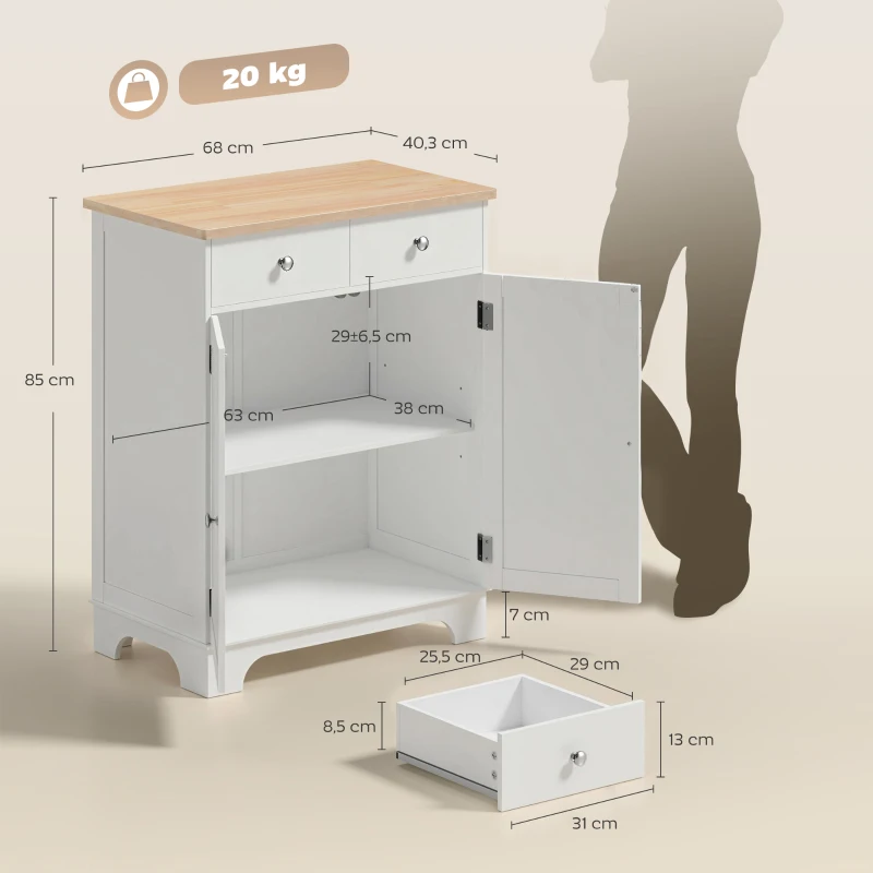 HOMCOM Sideboard, Tischplatte aus Kautschukholz, 2 Schubladen, versetzbarer Einlegeboden, weiß, 68 x 40,3 x 85cm