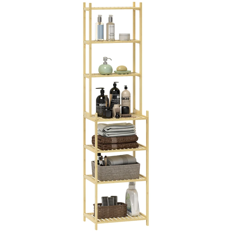 HOMCOM Raft Mobil pentru Baie cu 7 Polițe, Depozitare și Organizare, Dulap din Bambus, 44x33x180 cm, Culoare Lemn