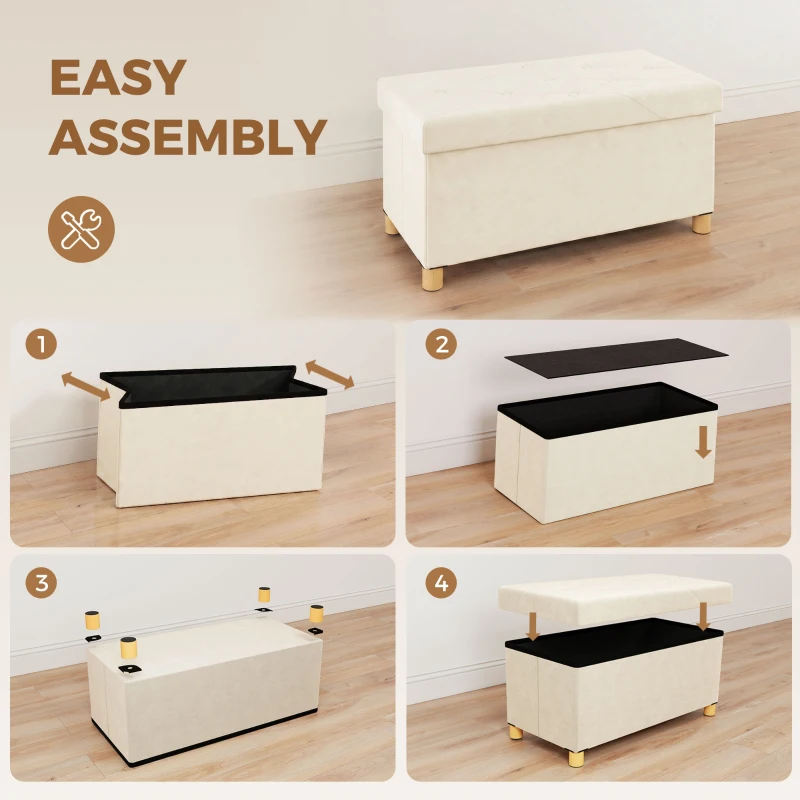 HOMCOM Velvet Upholstered Foldable Ottoman Footrest, Storage Ottoman Bench with Wood Legs for Living Room, Cream White
