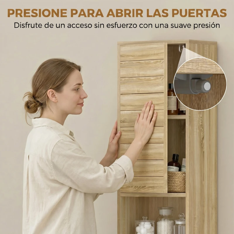HOMCOM Armario Alto para Baño con Estantes Ajustables Puertas de Lamas Apertura por Presión 34x23x170 cm Natural