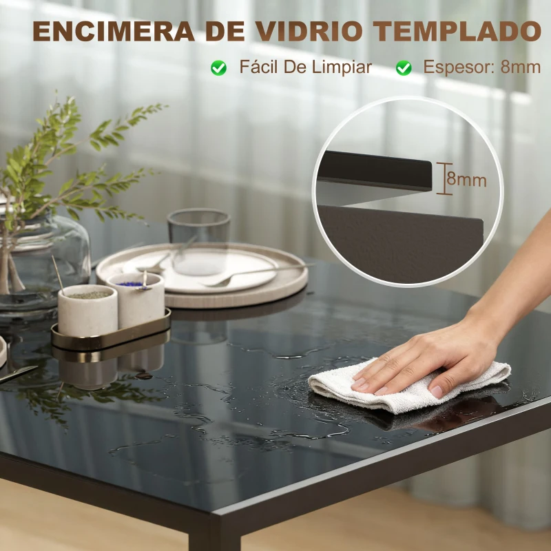 HOMCOM Mesa de Comedor de Cristal Rectangular para 6 Personas con Patas de Metal para Cocina Salón 140x80x75 cm Negro