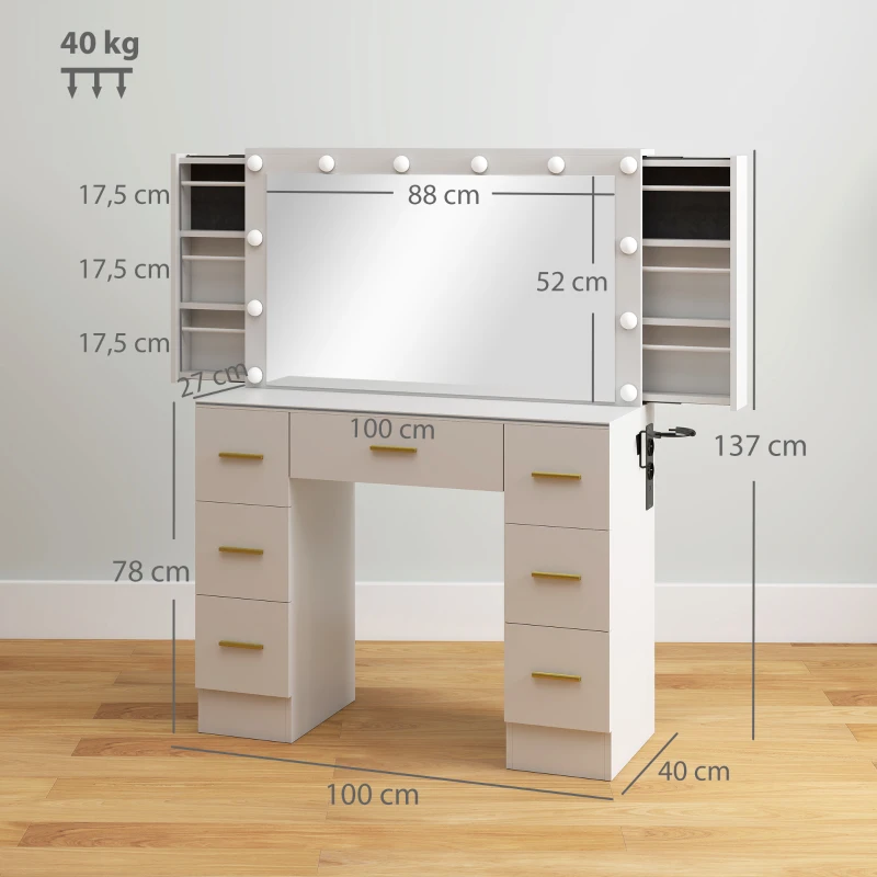 HOMCOM Kaptafel met Spiegel en 12 LED-lampen, Friseurtafel met 7 Lades, 6 Verborgen Opbergvakken, Spaanplaat, Wit(m-3)