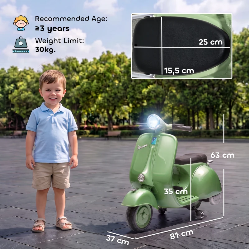 AIYAPLAY Mota Elétrica Infantil Vespa com Licença Oficial, Arranque Suave, Rodinhas Desmontáveis, Luz Dianteira, Música, Buzina e USB, Verde