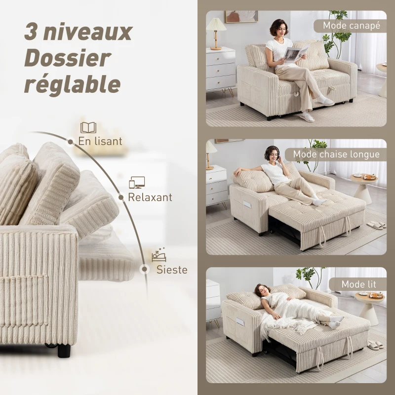 HOMCOM Canapé convertible 2 places canapé-lit en velours côtelé 157x190cm dossier réglable poches latérales et 2 coussins crème