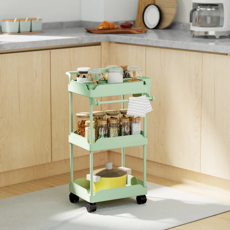 HOMCOM Carrito Auxiliar con Ruedas de 3 Niveles Carrito de Cocina con Cestas Extraíbles y Soporte para Toallas Verde