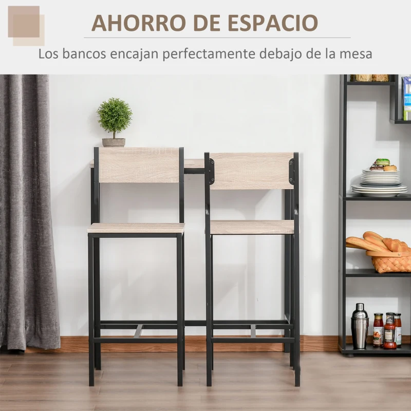 HOMCOM Set de Mesa de Bar y 2 Taburetes Estilo Industrial Marco de Metal para Cocina Salón Natural y Negro