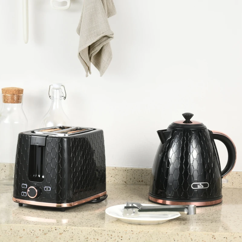 HOMCOM 1.7L 3000W Fast Boil Kettle & 2 Slice Toaster Set, Kettle and Toaster Set with Auto Shut Off, Browning Controls, Black
