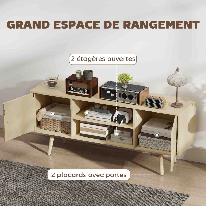 HOMCOM Meuble TV meuble télé pour téléviseur jusqu'à 55 pouces 2 placards et 2 étagères ouvertes 120x34x50cm effet bois naturel