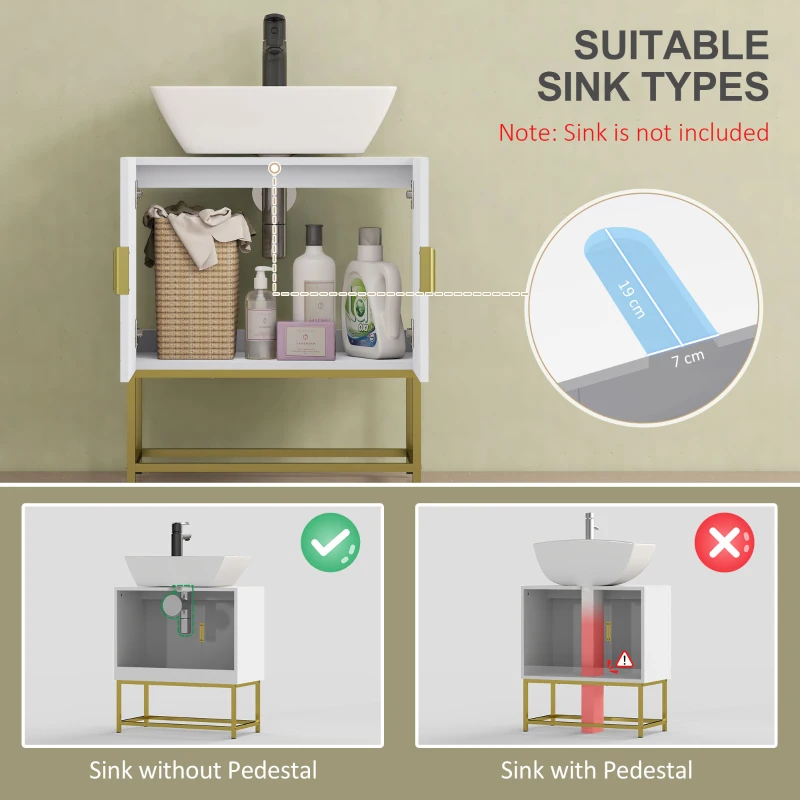 kleankin Bathroom Mirror Cabinet Under Sink Storage Cabinet Basin Cupboard with 2 Doors and Gold Steel Legs