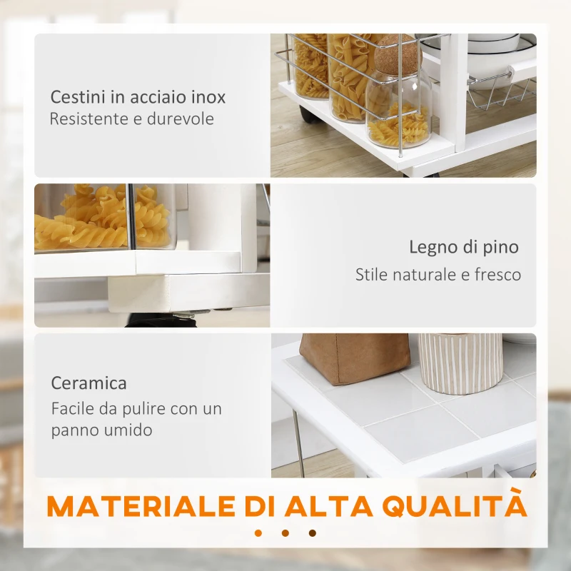 HOMCOM Carrello da Cucina con Cassetto, 4 Cesti e 4 Ripiani, in Metallo, Ceramica e Legno, 57x37x83 cm, Bianco