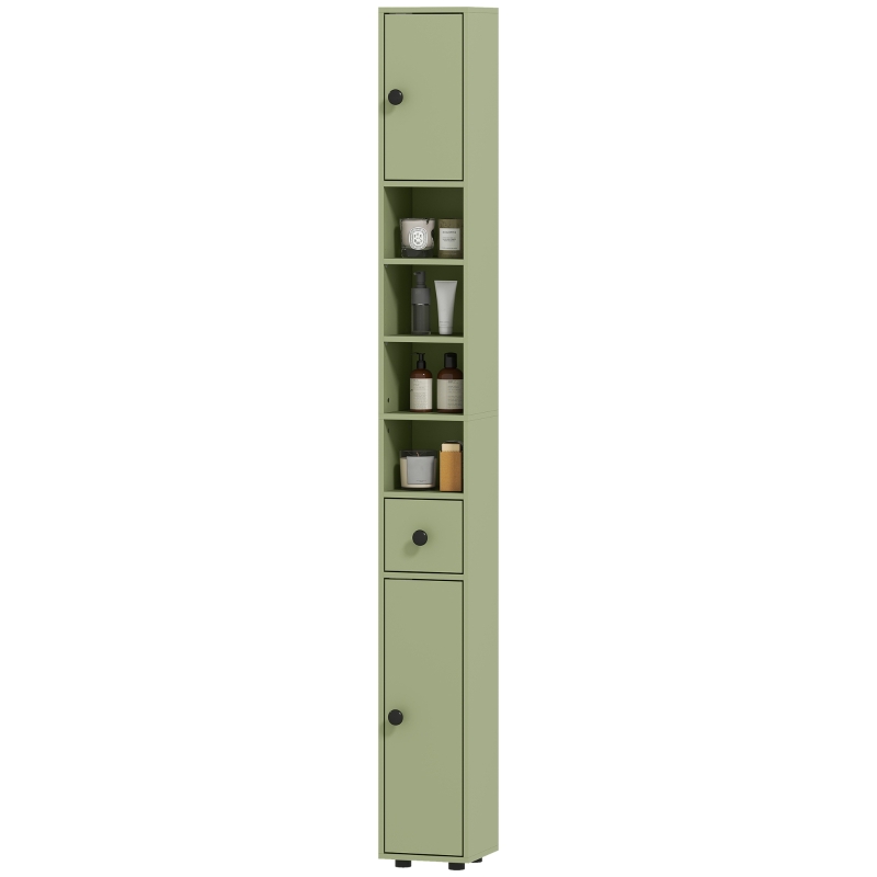 kleankin Colonne de rangement armoire haute pour salle de bain 1 tiroir 4 étagères réglables et 2 placards 20 x 20 x 180 cm vert