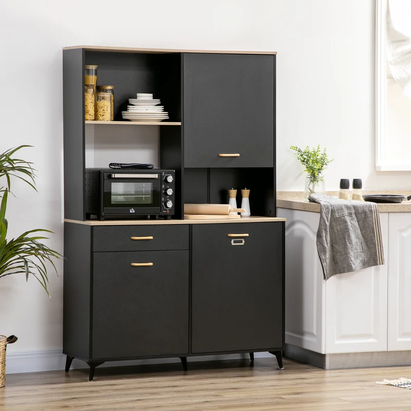 HOMCOM Alacena de Cocina con Cajón Armarios y Estantes Mueble Auxiliar para Microondas Estilo Moderno 119x41x180cm Negro