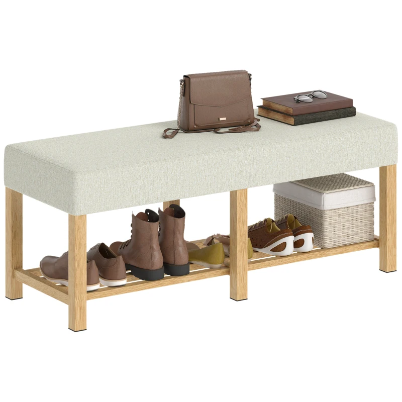 HOMCOM Banc à chaussures, banc de rangement avec siège rembourré, étagère ouverte, bois d'hévéa, 120x44x48cm, bois naturel