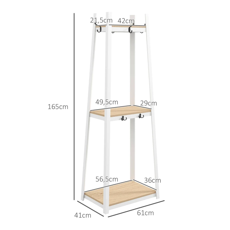 HOMCOM Perchero de Pie con 3 Estantes Perchero para Ropa con 6 Ganchos y Estantes de Almacenaje 61x41x165 cm Natural y Blanco