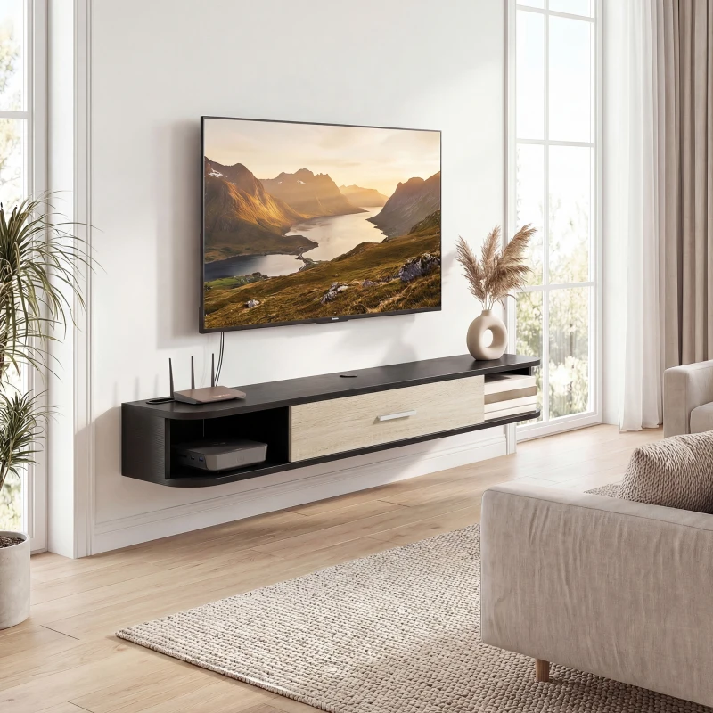 HOMCOM Meuble TV Suspendu 120 cm, Meuble télé jusqu'à 50 Pouces, Porte Rabattable, 2 Étagères Ouvertes et Passe-câbles, Noir