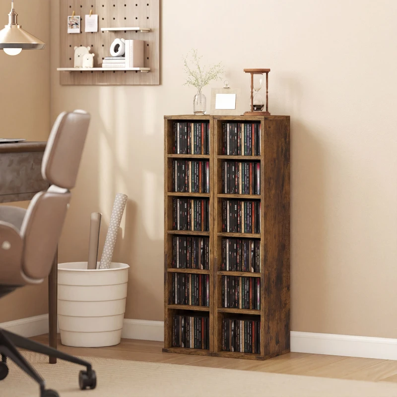 HOMCOM Set de 2 Estanterías para CDs y DVDs con 12 Compartimentos Estantes Ajustables 21x22,5x88,5 cm Marrón Rústico