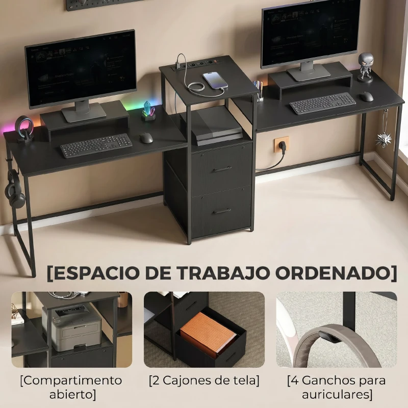 HOMCOM Mesa Gaming Doble de 244 cm con Estación de Carga Puertos USB Soportes para Monitor Cajones de Tela Negro