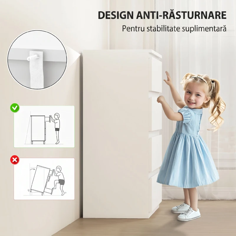HOMCOM Comodă Modernă cu 4 Sertare pentru Dormitor, Alb