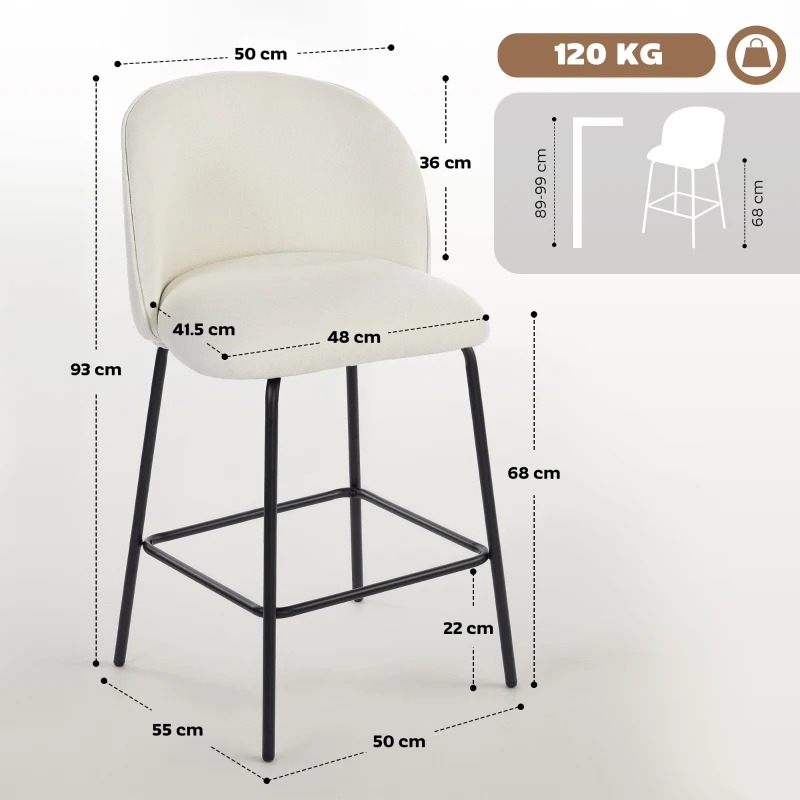 HOMCOM Set de 2 taburete de bar, scaune de bar, suport pentru picioare și spătar, țesătură cu efect in, înălțime șezut 68cm, crem