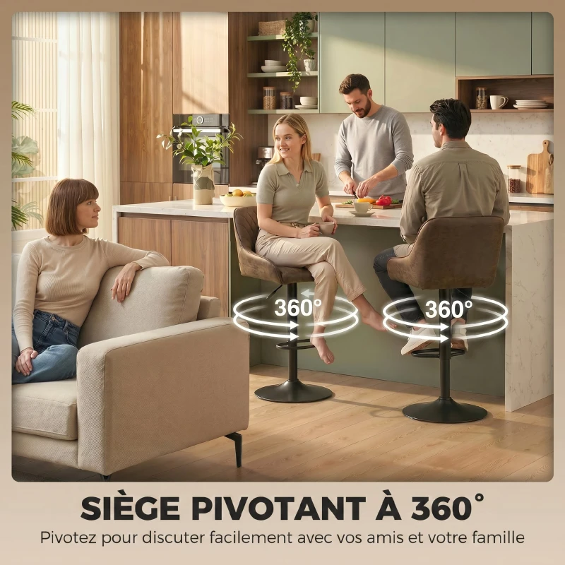 HOMCOM Lot de 2 Tabourets de Bar, Tabourets Hauts Cuisine avec Siège Pivotant et Hauteur Réglable, Marron Foncé