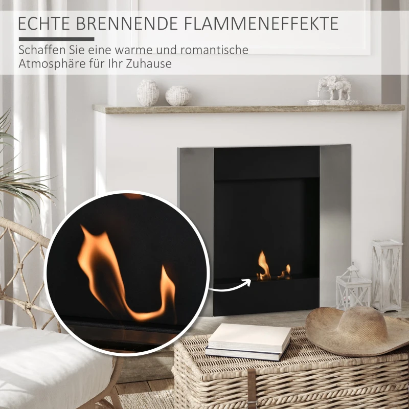 HOMCOM ethanolhaard bio-ethanolbrander 1800 W 0,7 l 1 uur. brandduur geen rook wandgemonteerd staal rvs zilver + zwart 72 x 11 x 72 cm